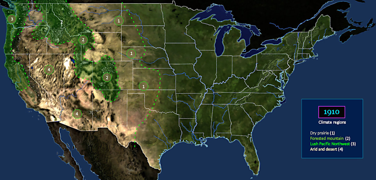 Climate regions favor the East, 1910 map